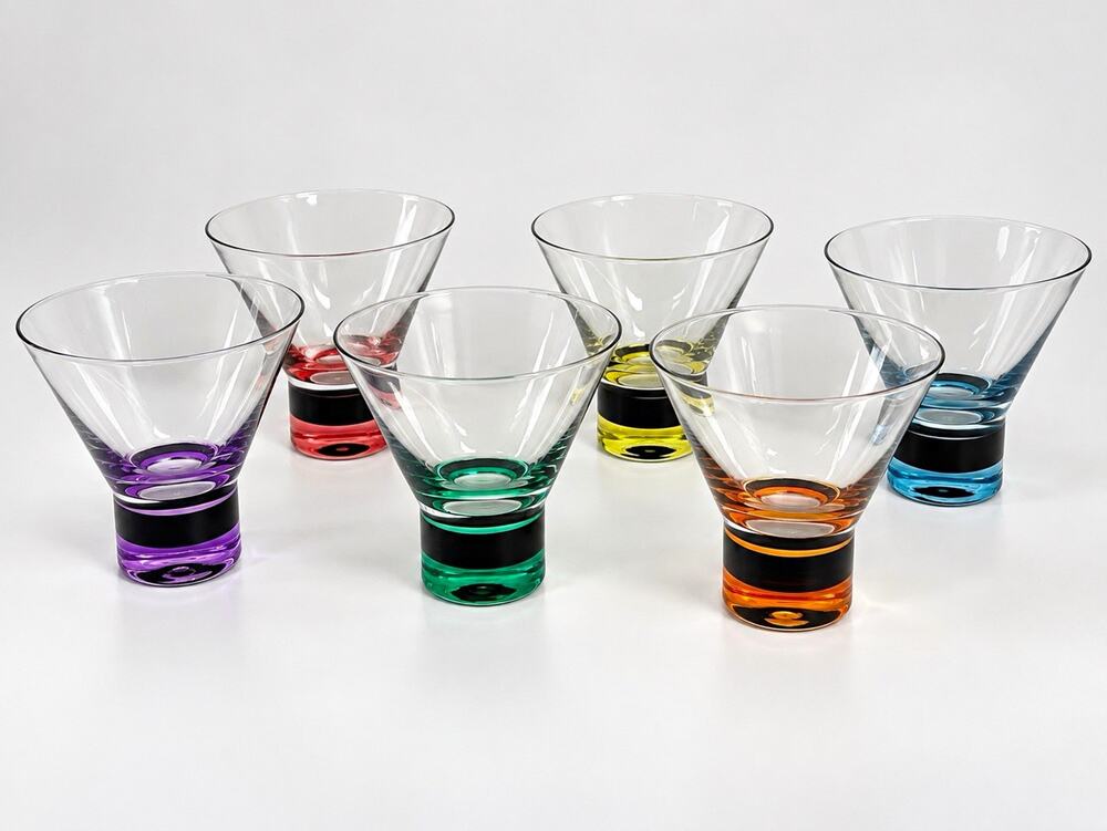 Crate & Barrel Dizzy Martini Glasses Set of 6 rainbow colors Weighted Bases